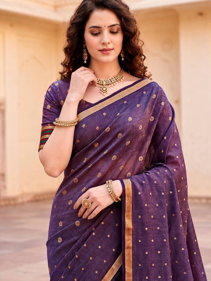 Sangam prints violet cotton blend woven work traditional saree