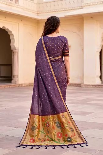 Sangam prints violet cotton blend woven work traditional saree