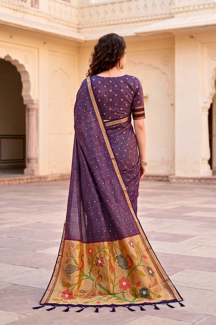 Sangam prints violet cotton blend woven work traditional saree