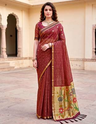 Sangam prints maroon cotton blend woven work traditional saree 1
