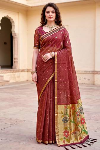 Sangam prints maroon cotton blend woven work traditional saree