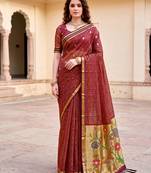 Sangam prints maroon cotton blend woven work traditional saree