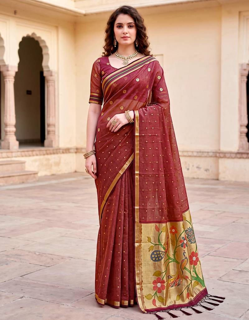Sangam prints maroon cotton blend woven work traditional saree
