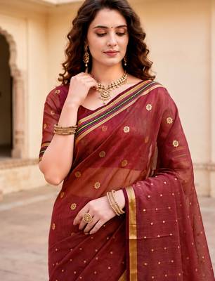 Sangam prints maroon cotton blend woven work traditional saree 3