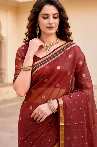 Sangam prints maroon cotton blend woven work traditional saree