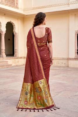 Sangam prints maroon cotton blend woven work traditional saree 4