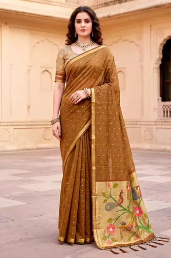 Sangam prints mustard brown cotton blend woven work traditional saree