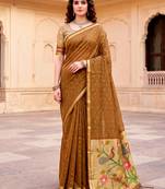 Sangam prints mustard brown cotton blend woven work traditional saree
