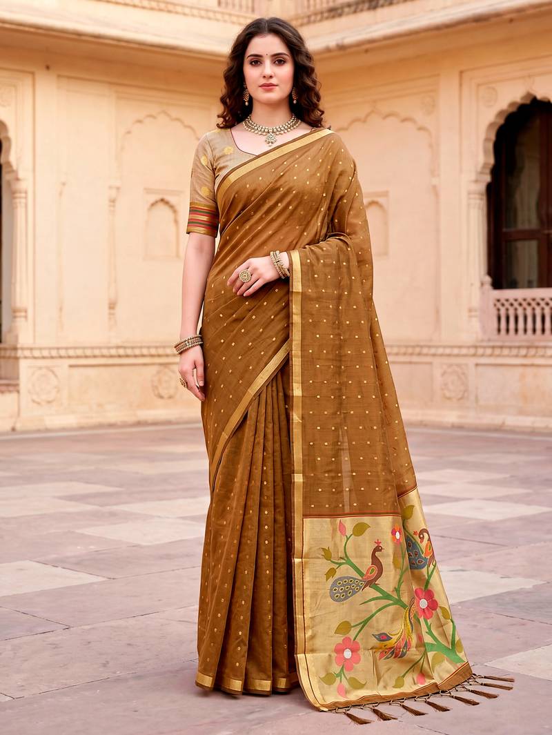 Sangam prints mustard brown cotton blend woven work traditional saree