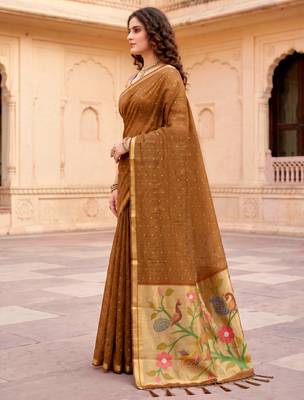 Sangam prints mustard brown cotton blend woven work traditional saree 2