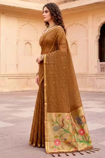 Sangam prints mustard brown cotton blend woven work traditional saree
