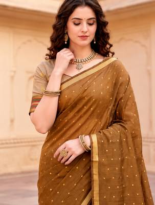 Sangam prints mustard brown cotton blend woven work traditional saree 3