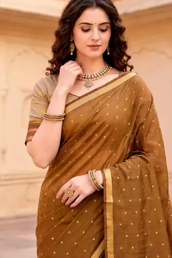 Sangam prints mustard brown cotton blend woven work traditional saree