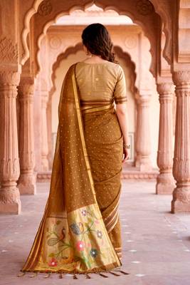 Sangam prints mustard brown cotton blend woven work traditional saree 4