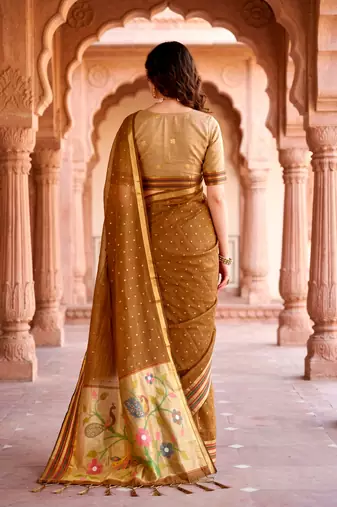 Sangam prints mustard brown cotton blend woven work traditional saree