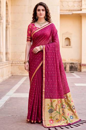 Sangam prints pink cotton blend woven work traditional saree