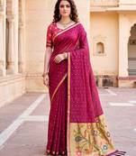 Sangam prints pink cotton blend woven work traditional saree