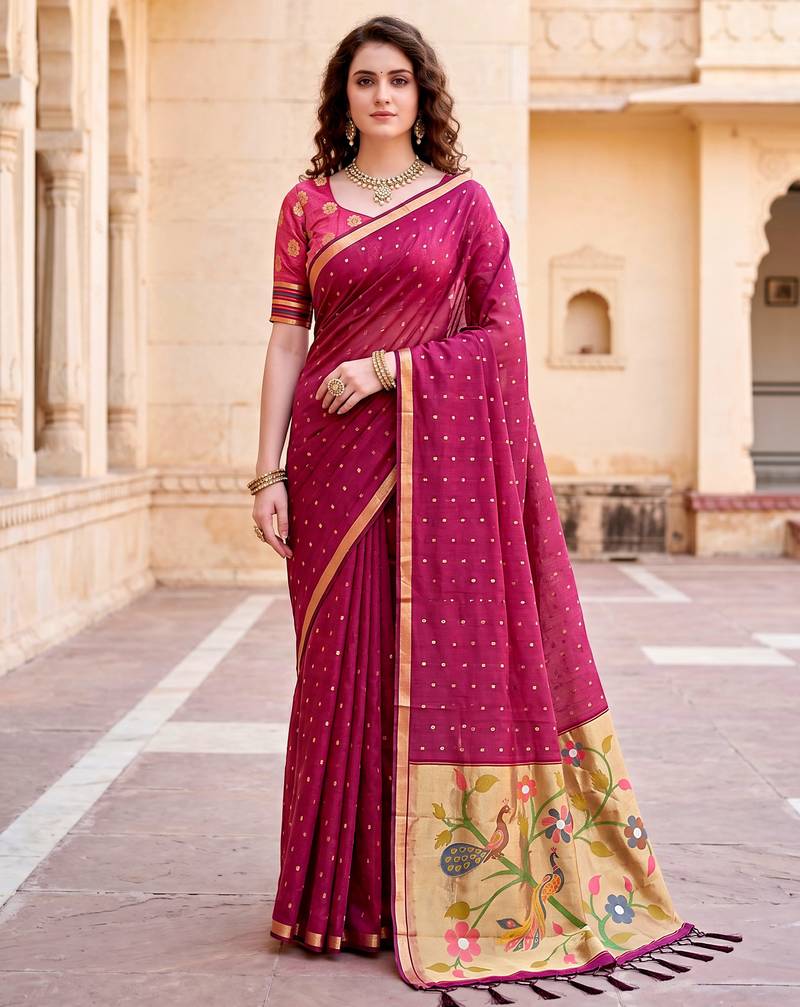 Sangam prints pink cotton blend woven work traditional saree