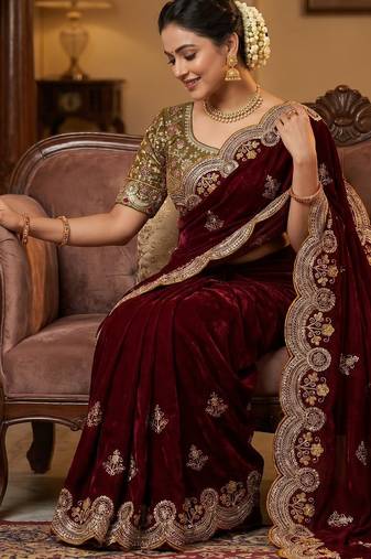 Maroon Color embroidery And sequence work Satin Saree
