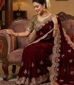 Maroon Color embroidery And sequence work Satin Saree