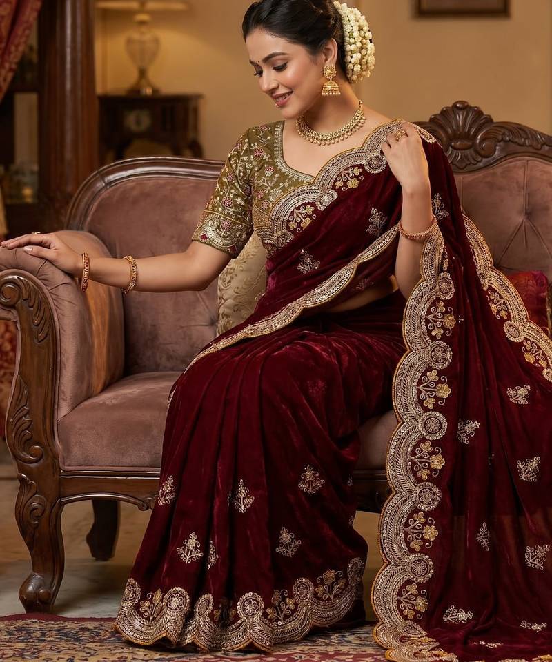 Maroon Color embroidery And sequence work Satin Saree