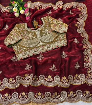 Maroon Color embroidery And sequence work Satin Saree 2