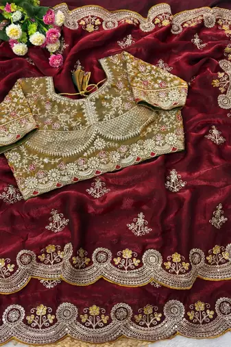 Maroon Color embroidery And sequence work Satin Saree