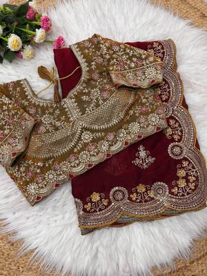 Maroon Color embroidery And sequence work Satin Saree 3