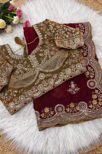 Maroon Color embroidery And sequence work Satin Saree