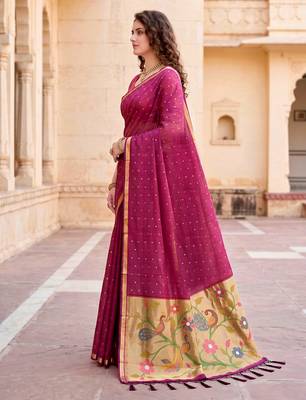 Sangam prints pink cotton blend woven work traditional saree 2
