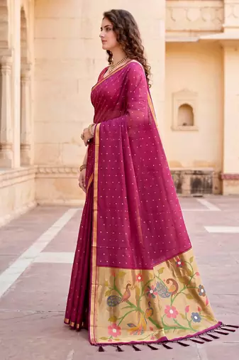 Sangam prints pink cotton blend woven work traditional saree