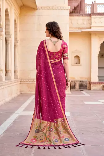Sangam prints pink cotton blend woven work traditional saree