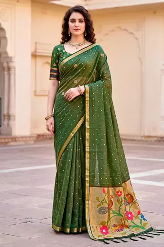Sangam prints mehndi green cotton blend woven work traditional saree