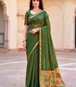 Sangam prints mehndi green cotton blend woven work traditional saree