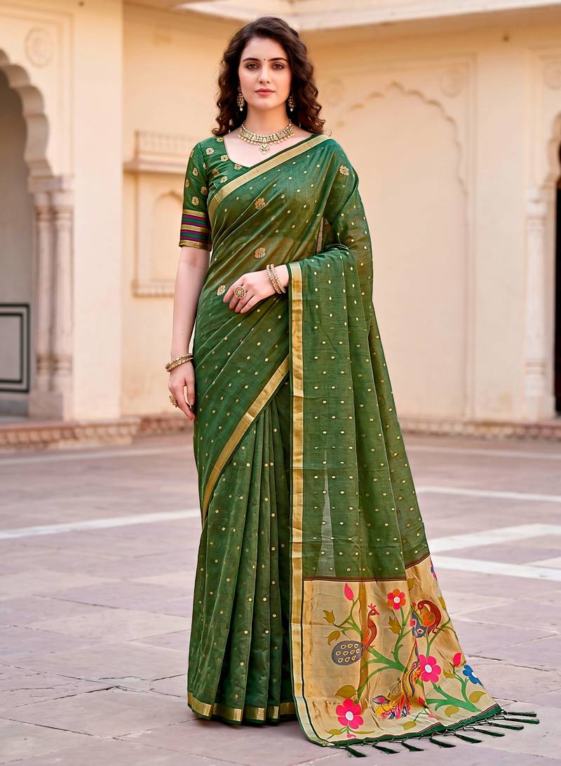 Sangam prints mehndi green cotton blend woven work traditional saree