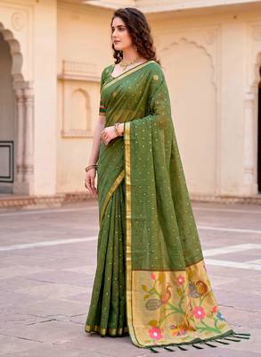 Sangam prints mehndi green cotton blend woven work traditional saree 2