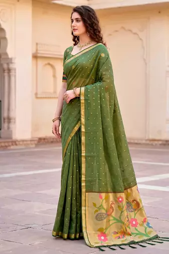 Sangam prints mehndi green cotton blend woven work traditional saree