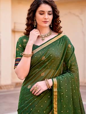 Sangam prints mehndi green cotton blend woven work traditional saree 3