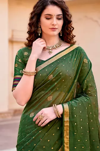 Sangam prints mehndi green cotton blend woven work traditional saree