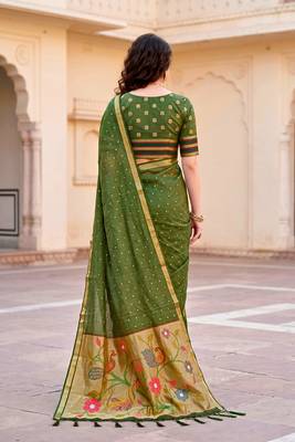 Sangam prints mehndi green cotton blend woven work traditional saree 4
