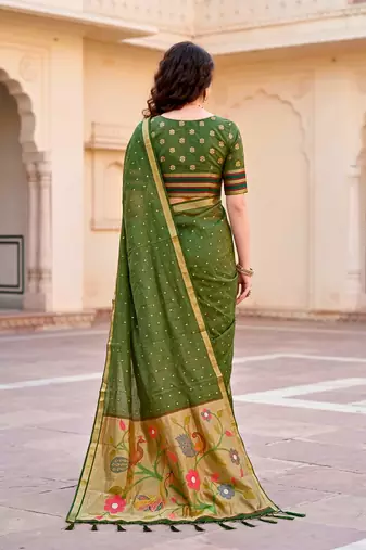 Sangam prints mehndi green cotton blend woven work traditional saree