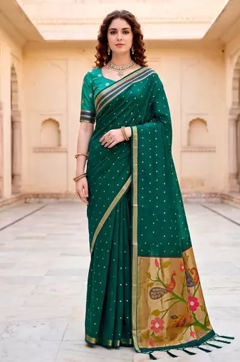 Sangam prints emerald green cotton blend woven work traditional saree