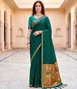 Sangam prints emerald green cotton blend woven work traditional saree