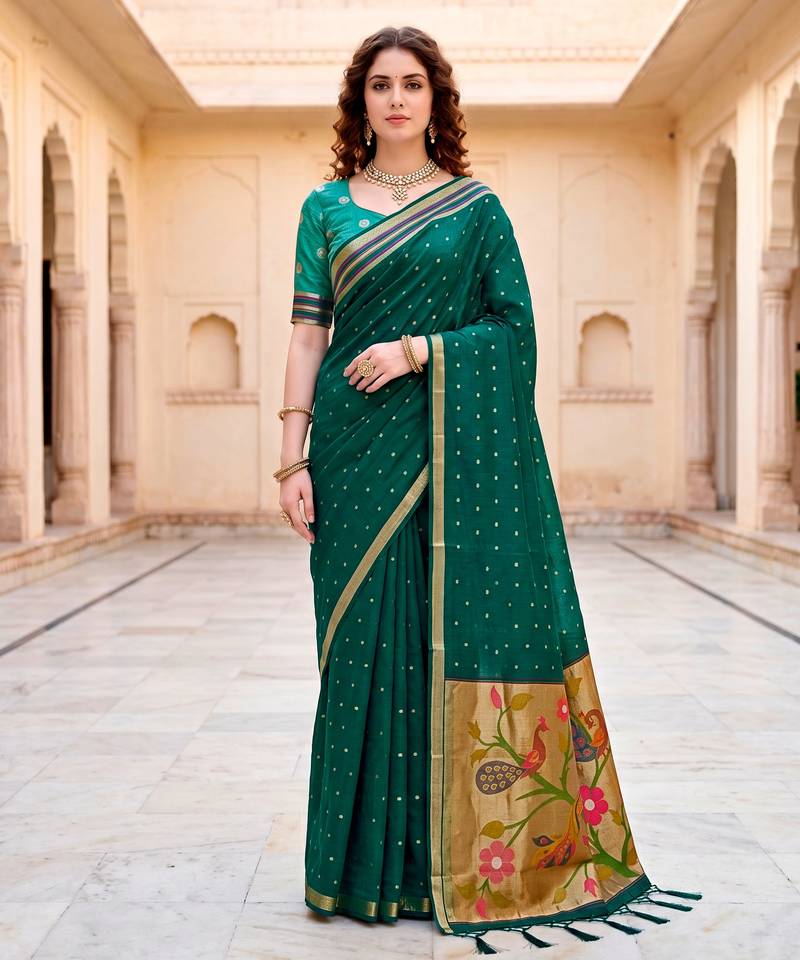 Sangam prints emerald green cotton blend woven work traditional saree