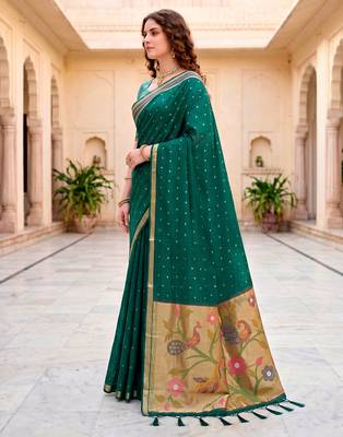 Sangam prints emerald green cotton blend woven work traditional saree 2