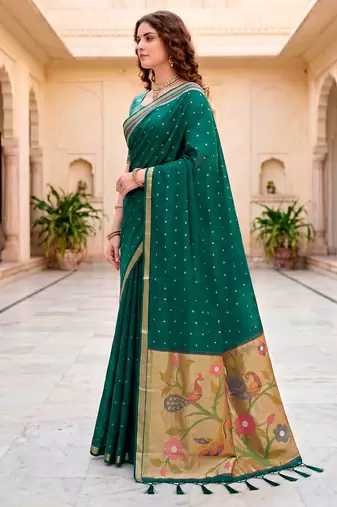 Sangam prints emerald green cotton blend woven work traditional saree