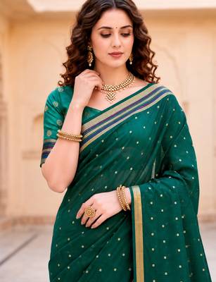 Sangam prints emerald green cotton blend woven work traditional saree 3