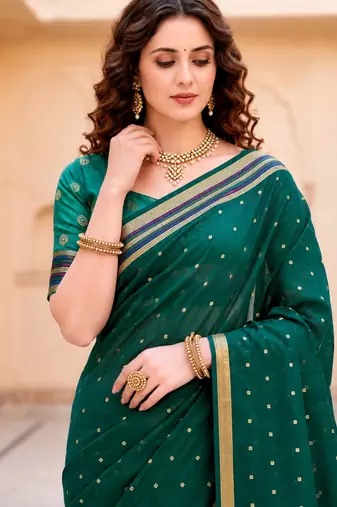 Sangam prints emerald green cotton blend woven work traditional saree