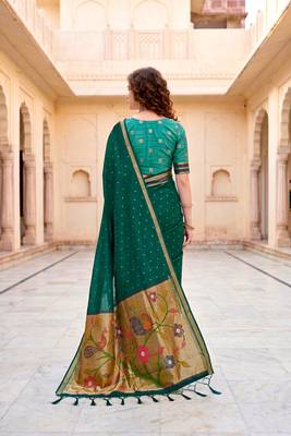 Sangam prints emerald green cotton blend woven work traditional saree 4
