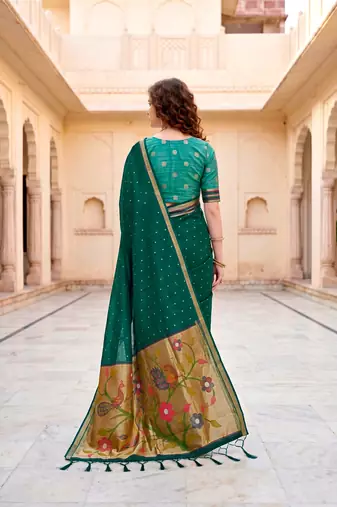 Sangam prints emerald green cotton blend woven work traditional saree